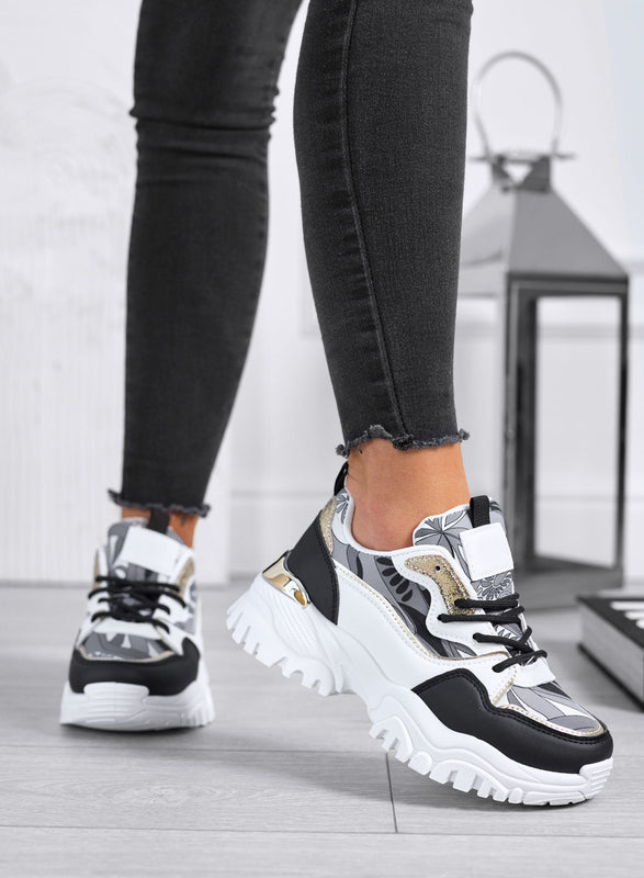 REBECCA - Zapatillas negras con insertos de estampado y glitter dorado