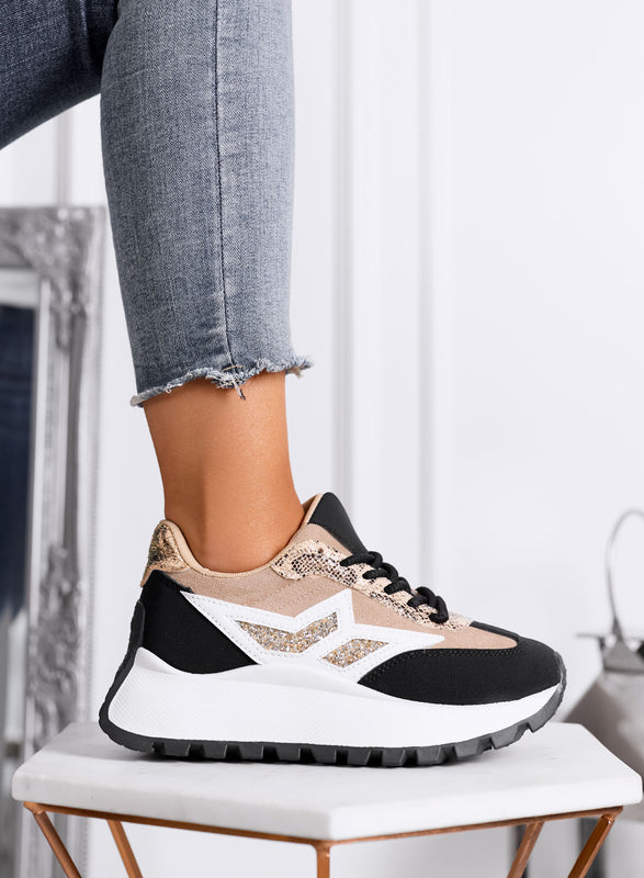 CLARISSA - Zapatillas beige y negras con detalle de glitter y suela gruesa