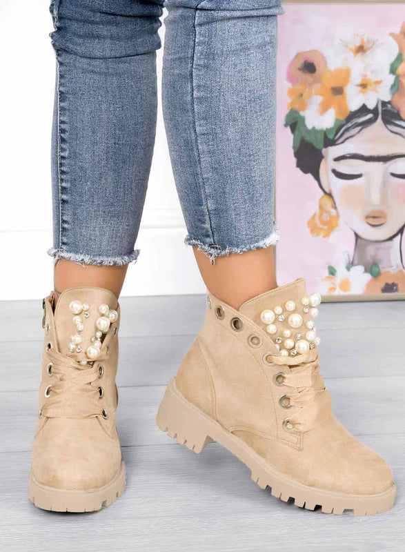 LEANNA - Botines Alexoo beige planos con perlas y pedrería