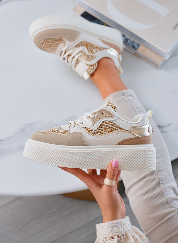 MILLY - Zapatillas beige con detalles en tejido laminado dorado