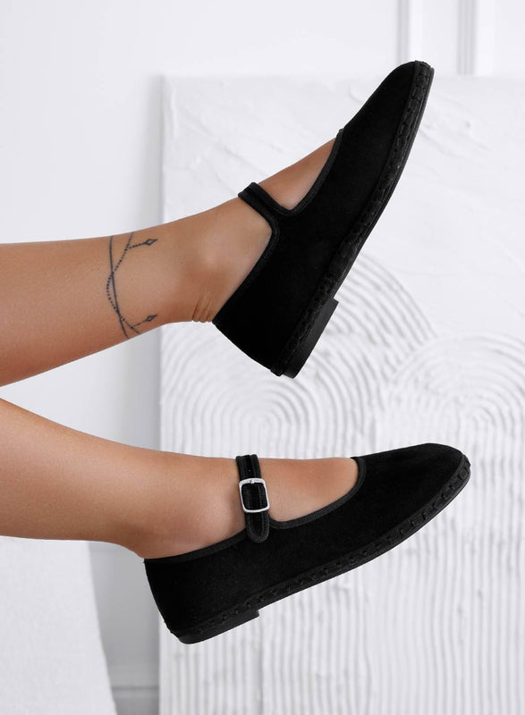 JENNIFER - Black Friulian suede ballet flats with buckle