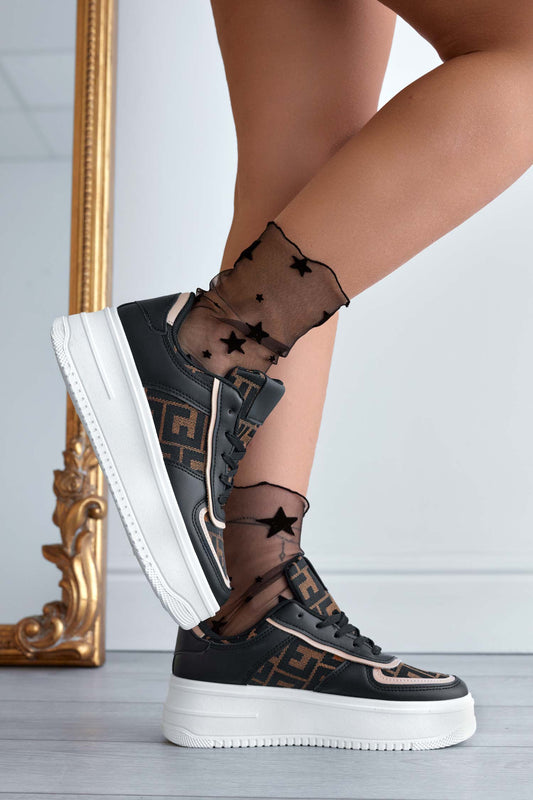 MIRELA - Zapatillas deportivas negras con inserciones de tejido estampado