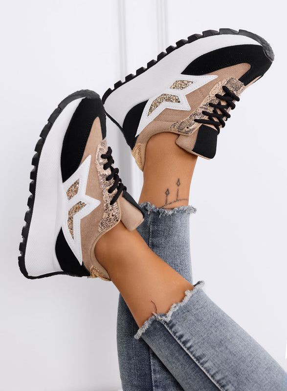CLARISSA - Zapatillas beige y negras con detalle de glitter y suela gruesa