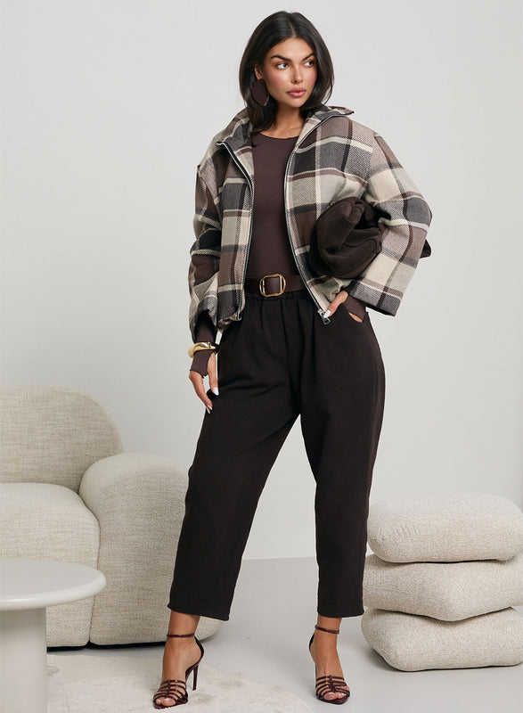 Giacca bomber a quadri marrone e beige