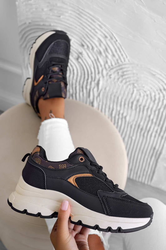 INDY - Black sneakers with glitter and brown inserts