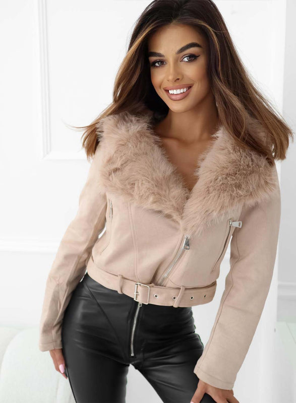 Beige jacket with faux fur hood