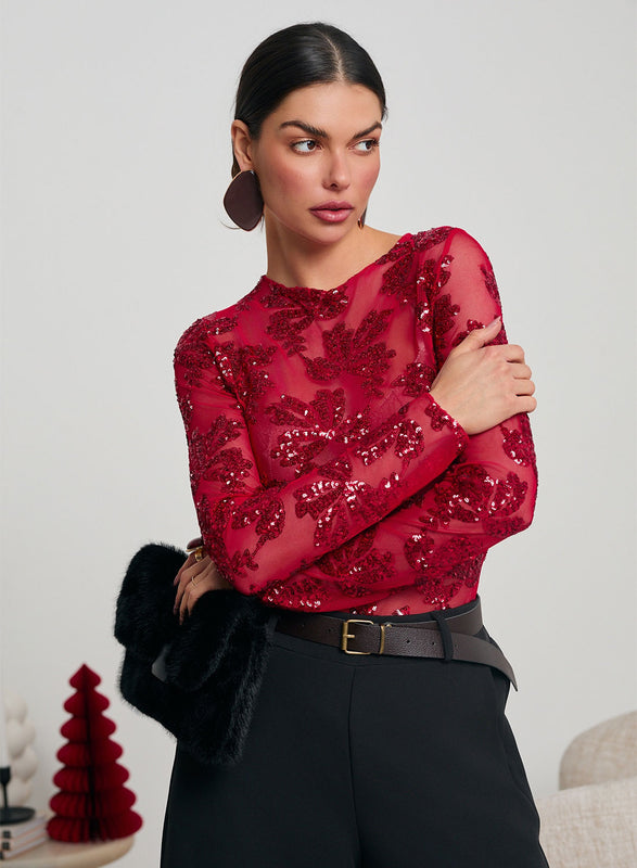 Red sheer bodysuit with sequin details
