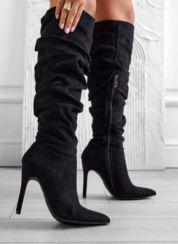 SELENA - Black Alexoo boots with ruched design and high stiletto heel