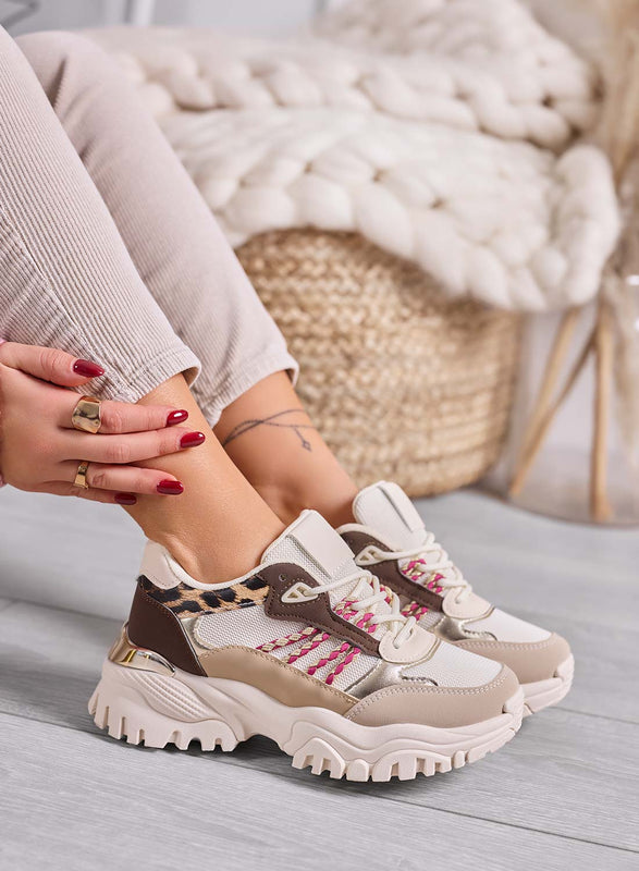 PARKER - Zapatillas beige para mujer con suela alta e inserciones estampadas de leopardo marrón