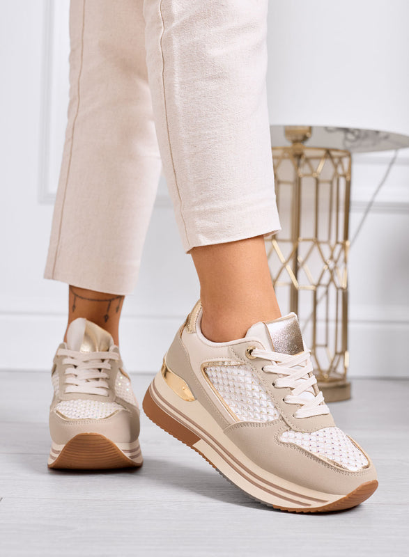 MELEK - Zapatillas beige con detalles dorados y suela plataforma