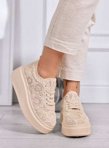 VALERIA - Beige lace platform sneakers with high sole