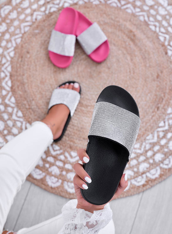 BECKY - Black slide sandals with rhinestone strap