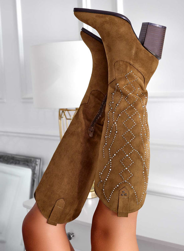 VERONICA - Bottes marron en daim avec strass