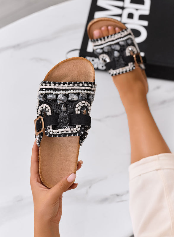 POLLY - Sandales mules noires avec applications et boucle dorée