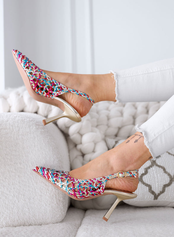 ISABEL - Escarpin multicolore slingback en raphia tressé avec talon