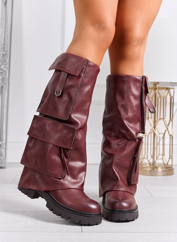 TEXI - Burgundy knee-high boots with side pockets and chunky sole