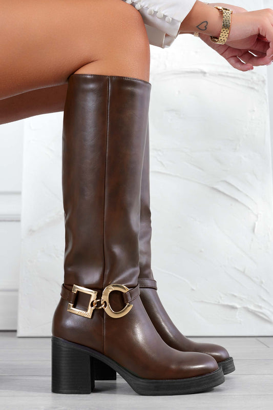 Brown boots with gold embellishments