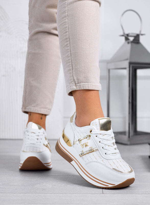 ASIA - Zapatillas blancas con insertos de tela laminada dorada