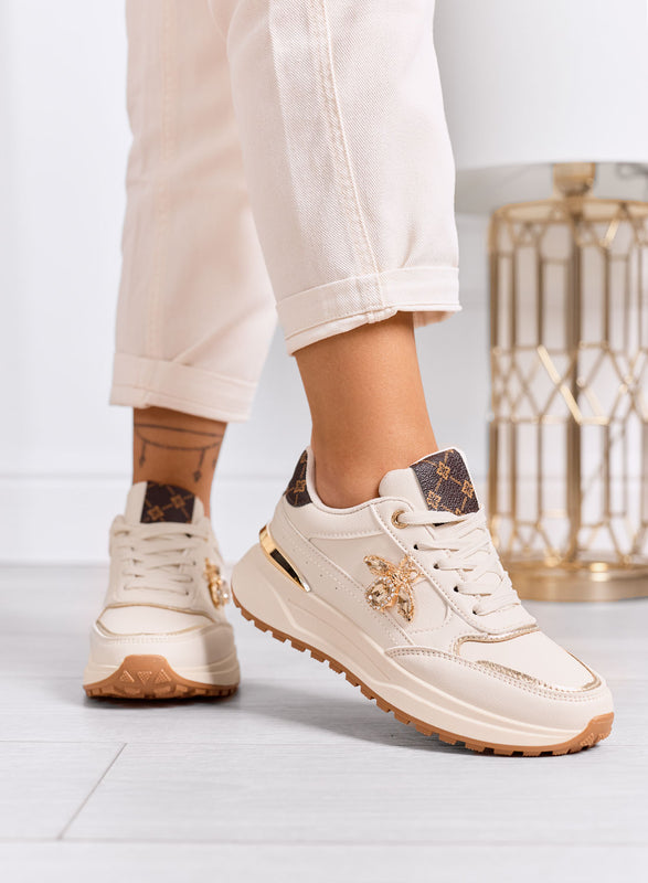 TALIMA - Sneakers beige con ape gioiello e dettagli oro