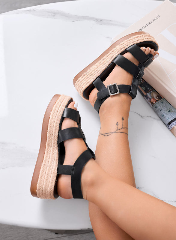 SHELLY - Sandalias negras tipo plataforma con tiras anchas y suela de cuerda