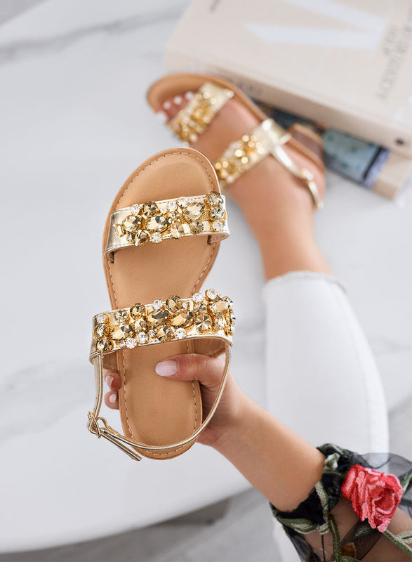 VITTORIA - Sandalias oro de joya con tacón bajo y strass