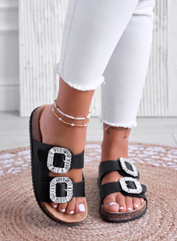 ADDY - Sandalias tipo zapatilla de corcho negro con hebillas de strass