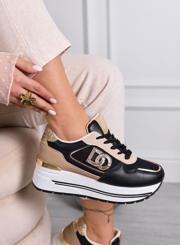 ESTER - Zapatillas negras con plataforma, detalles dorados y logotipo joya