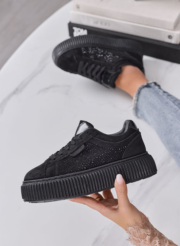 LIBERA - Sneakers Donna Nere con Strass e Suola Platform Alta