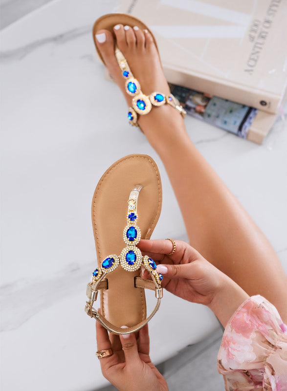 JACKIE - Sandalias bajas de joya doradas con piedras azules en forma de T