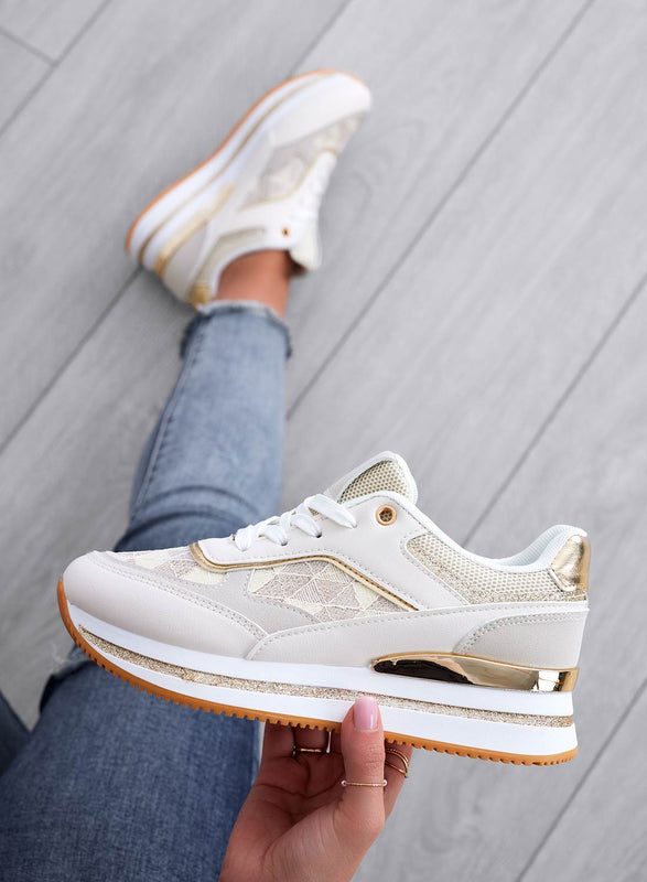 ANNALISA - Baskets beiges avec empiècements pailletés or