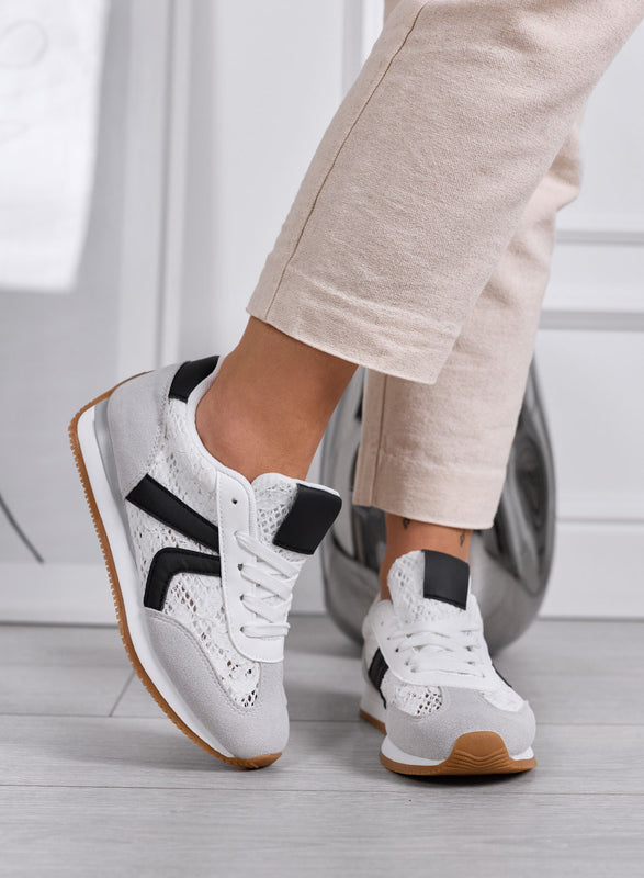 GIULIANA - Baskets grises avec dentelle blanche et empiècements noirs