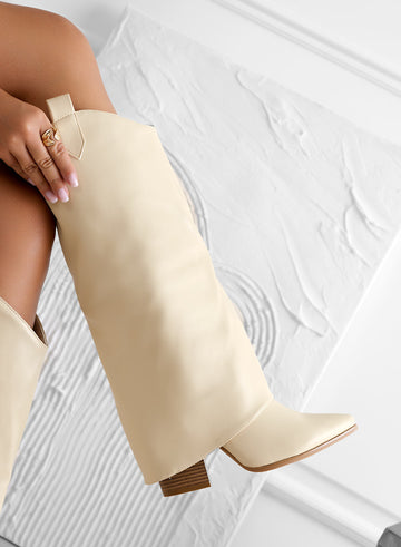 DILETTA - Beige camper boots with cuff and high heel