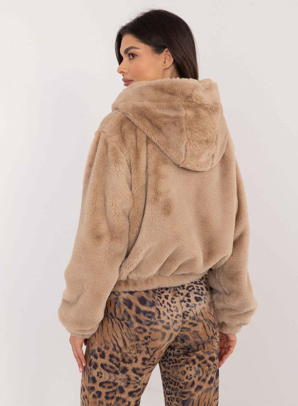 Chaqueta de invierno de piel sintética con capucha color barro