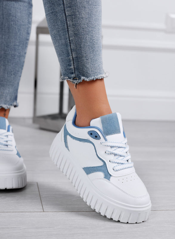 PAMELA - White platform sneakers with blue denim details
