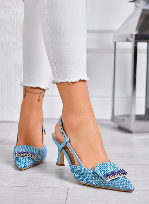 RUSH - Zapatos de tacón azules Slingback trenzados con aplicación de joya