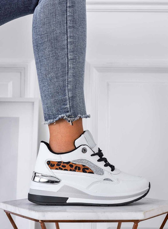 White sneakers with glitter and animal print inserts