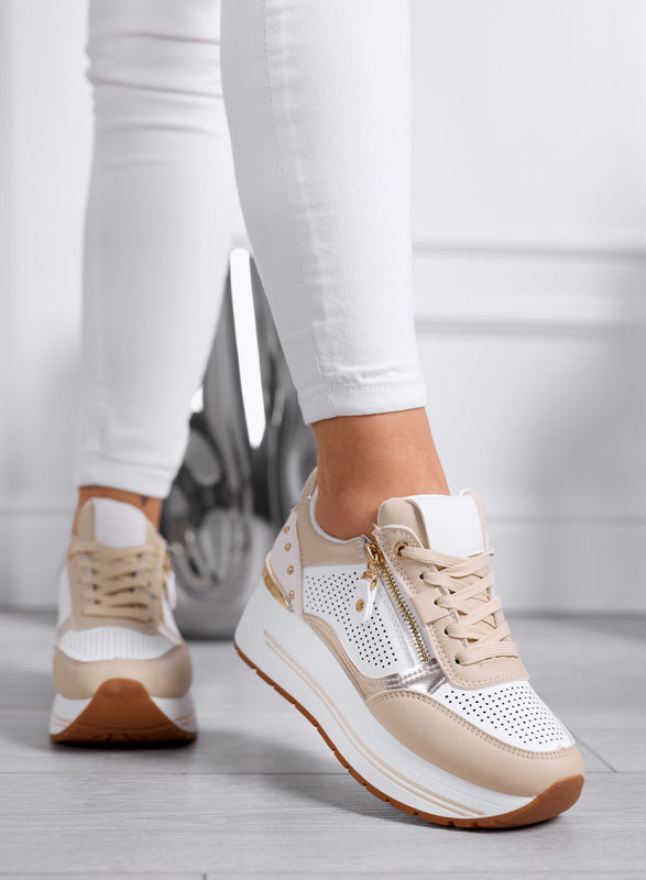 ENEA - Beige Sneakers with Side Zip and Gold Details