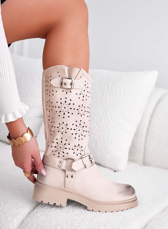 Beige perforated ankle boots with buckles