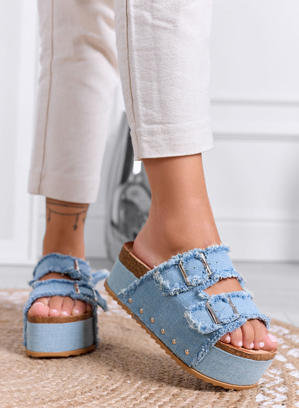MARGOT - Sandali Ciabatte Platform in Denim azzurro con Fibbie