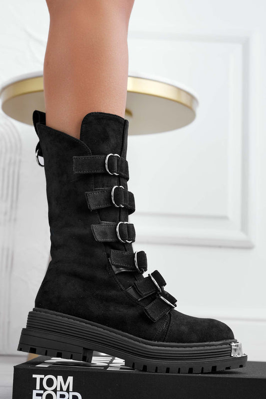 Stivaletti anfibi neri con fibbie e placca argento