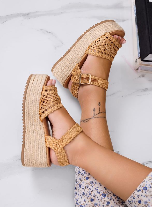 MARSILIA - Sandales plateforme taupe tressés avec semelle compensée en corde