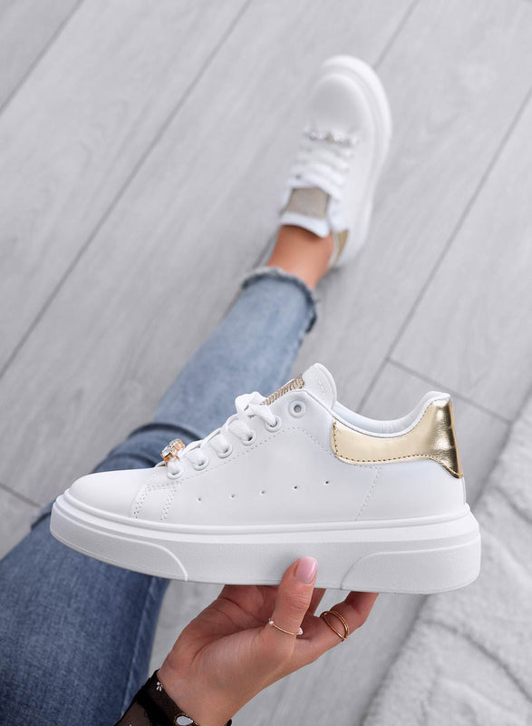 ANDREINA - White sneakers with jewel appliqué and gold heel