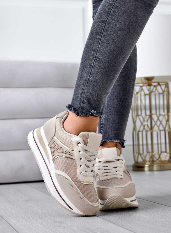 Sneakers beige con inserti glitter