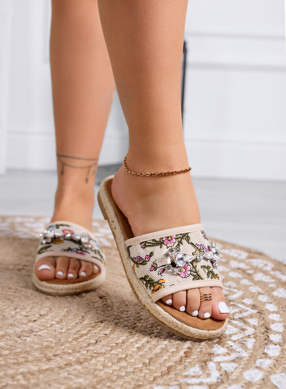 KATIA - Sandalias beige con estampado floral y piedras joya