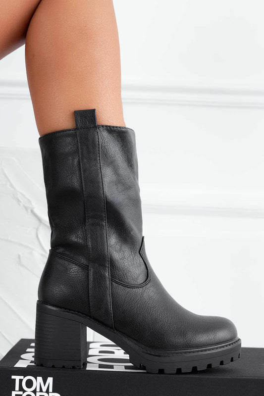 JORDY - Stivaletti neri in finta pelle con tacco comodo