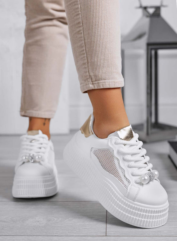 MIRELA - Zapatillas blancas con inserciones doradas, suela ondulada y diseño de malla
