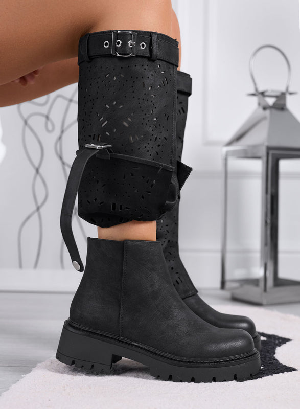 DOROTHY - Bottes noires ajourées 2 en 1 avec tige amovible
