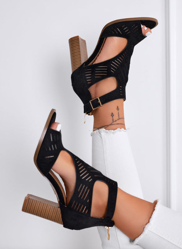 MILLER - Sandalias negras Perforadas con Tacón Largo Efecto Madera