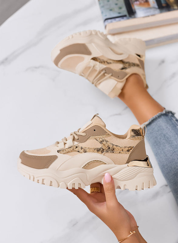 LUCINDA - Zapatillas chunky beige con detalles animal print y suela alta