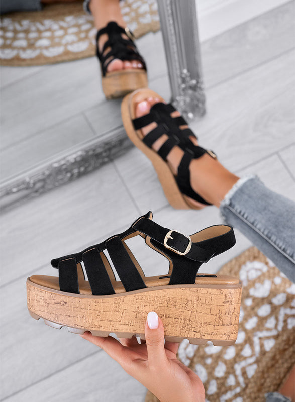 MATILDE - Sandalias negras con cuña platform efecto corcho